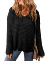 Black Hollow-out Crochet V Neck Sweater - XL