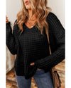 Black Hollow-out Crochet V Neck Sweater - XL