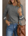 Medium Grey Ribbed Trim Crew Neck Long Sleeve Sweater - L
