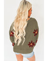 Sage Green Flower Knit Ribbed Trim V Neck Sweater - L