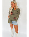Sage Green Flower Knit Ribbed Trim V Neck Sweater - L