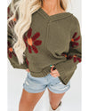Sage Green Flower Knit Ribbed Trim V Neck Sweater - L