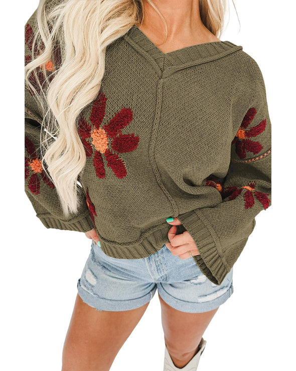 Sage Green Flower Knit Ribbed Trim V Neck Sweater - S