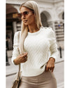 White Textured Knit Button Decor Pullover Sweater - L