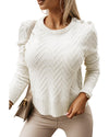 White Textured Knit Button Decor Pullover Sweater - M