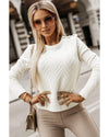 White Textured Knit Button Decor Pullover Sweater - M
