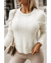 White Textured Knit Button Decor Pullover Sweater - M