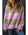 Rose Stripe Crew Neck Wide Sleeve Colorblock Sweater - L