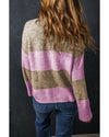 Rose Stripe Crew Neck Wide Sleeve Colorblock Sweater - L