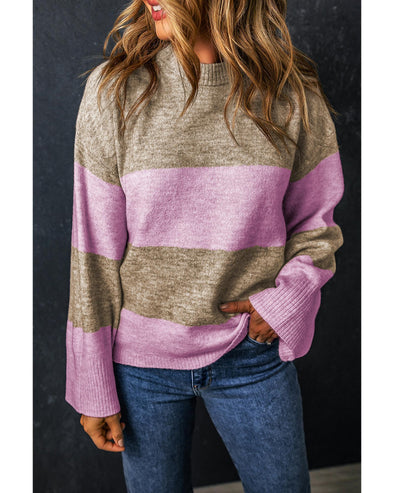 Rose Stripe Crew Neck Wide Sleeve Colorblock Sweater - M