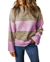 Rose Stripe Crew Neck Wide Sleeve Colorblock Sweater - XL
