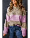 Rose Stripe Crew Neck Wide Sleeve Colorblock Sweater - XL