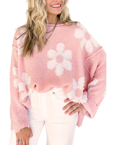 Multicolour Pearl Beaded Floral Drop Shoulder Sweater - L