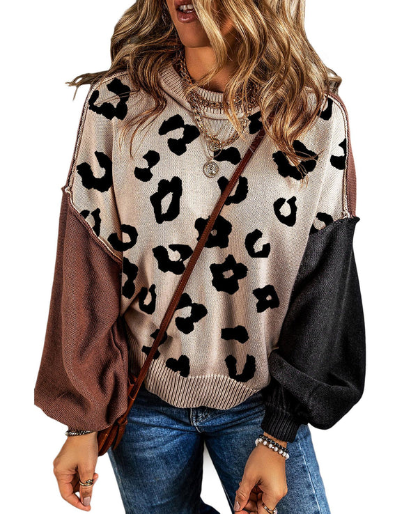 Coffee Leopard Print Colorblock Pullover Sweater - M