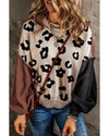 Coffee Leopard Print Colorblock Pullover Sweater - M