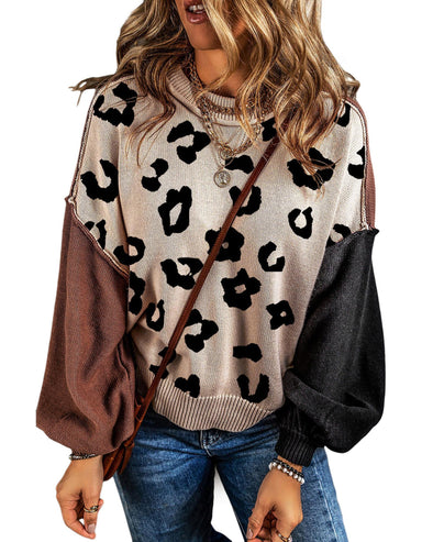 Coffee Leopard Print Colorblock Pullover Sweater - S