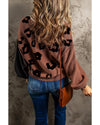Coffee Leopard Print Colorblock Pullover Sweater - S