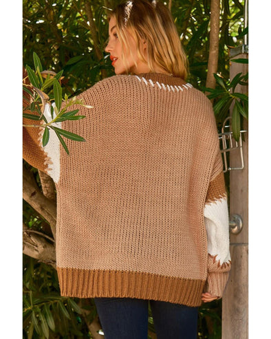 Light French Beige Color Block Contrast Stitch Oversized Sweater - M