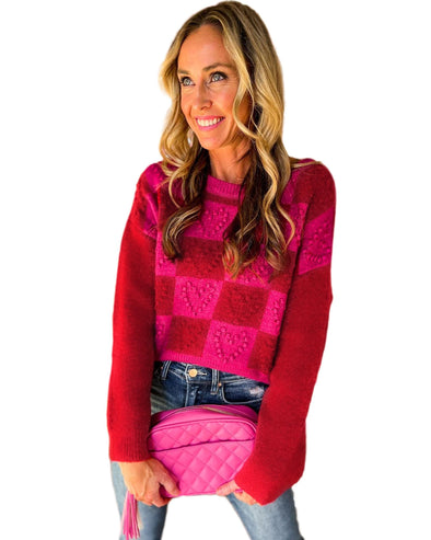 Multicolor Checkered Pattern Heart Detail Textured Sweater - S