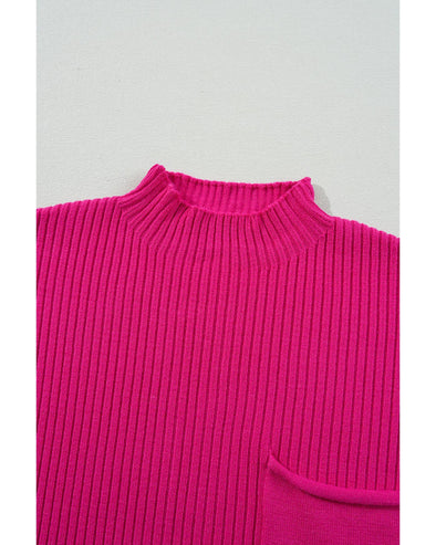 Rose Red Patch Pocket Ribbed Knit Short Sleeve Sweater - L