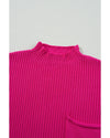 Rose Red Patch Pocket Ribbed Knit Short Sleeve Sweater - M