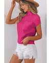 Rose Red Patch Pocket Ribbed Knit Short Sleeve Sweater - M
