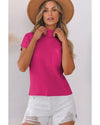Rose Red Patch Pocket Ribbed Knit Short Sleeve Sweater - M