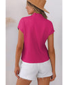 Rose Red Patch Pocket Ribbed Knit Short Sleeve Sweater - M