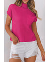 Rose Red Patch Pocket Ribbed Knit Short Sleeve Sweater - M