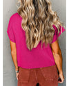 Rose Red Patch Pocket Ribbed Knit Short Sleeve Sweater - M