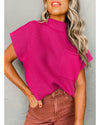 Rose Red Patch Pocket Ribbed Knit Short Sleeve Sweater - M