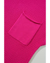 Rose Red Patch Pocket Ribbed Knit Short Sleeve Sweater - M