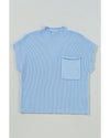 Beau Blue Patch Pocket Ribbed Knit Short Sleeve Sweater - 2XL