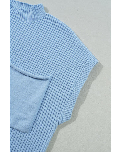 Beau Blue Patch Pocket Ribbed Knit Short Sleeve Sweater - M
