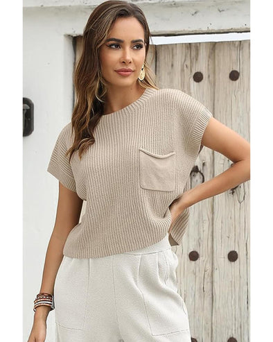 Pale Khaki Patch Pocket Short Sleeve Sweater - XL
