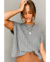 Gray Crew Neck Cable Knit Short Sleeve Sweater - 2XL