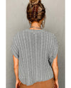 Gray Crew Neck Cable Knit Short Sleeve Sweater - 2XL