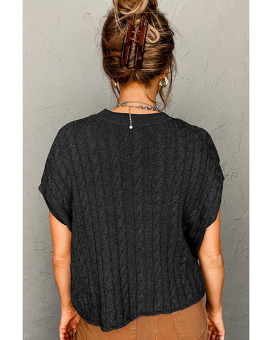 Black Crew Neck Cable Knit Short Sleeve Sweater - L