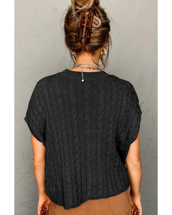 Black Crew Neck Cable Knit Short Sleeve Sweater - L