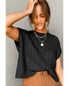 Black Crew Neck Cable Knit Short Sleeve Sweater - L