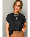 Black Crew Neck Cable Knit Short Sleeve Sweater - L