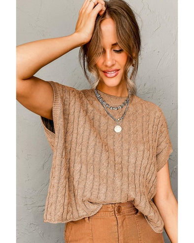 Light French Beige Crew Neck Cable Knit Short Sleeve Sweater - M