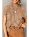 Light French Beige Crew Neck Cable Knit Short Sleeve Sweater - M