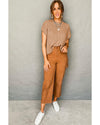 Light French Beige Crew Neck Cable Knit Short Sleeve Sweater - M