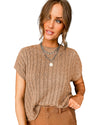 Light French Beige Crew Neck Cable Knit Short Sleeve Sweater - M