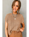 Light French Beige Crew Neck Cable Knit Short Sleeve Sweater - M