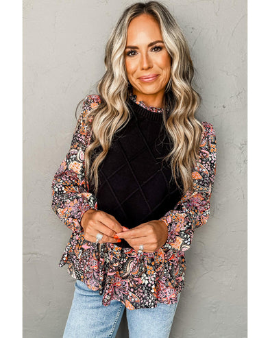 Black Contrast Floral Sleeve Peplum Sweater - S