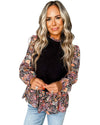 Black Contrast Floral Sleeve Peplum Sweater - S