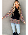 Black Contrast Floral Sleeve Peplum Sweater - S