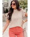 Parchment Cable Knit Mock Neck Cap Sleeve Sweater - XL